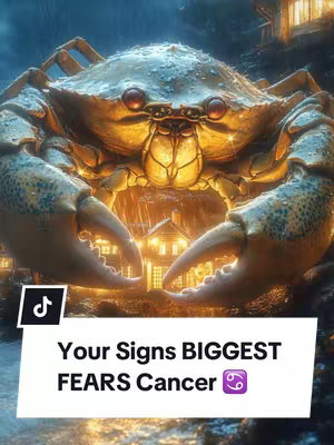 The image features a digitally created Cancer crab with large claws set against a dark, stormy backdrop. A title bar at the bottom says "Your Signs BIGGEST FEARS Cancer" with the Cancer zodiac symbol beside it.