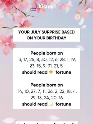 The image is a vertical graphic with a light blue and pink color scheme. At the top, pink flowers are used as a decorative element. In the center, there are two white rectangular text boxes. Overlaid is a logo with the name "Kismet". The text boxes contain text about a July surprise based on birthdays, listing birthdates and suggesting which fortune to read symbolized by a star or crescent moon.