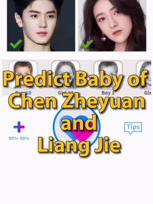 The image shows the faces of a man and a woman above a section with the text "Predict Baby of Chen Zheyuan and Liang Jie." Below this, there's a plus sign with the text "50%-50%" and a blue circle with a heart symbol inside. On the right side, there is a 'Tips' button, and image previews of what the baby could potentially look like.