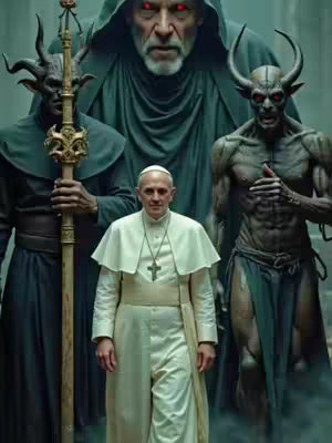 The image is a digitally created composition featuring a central figure who resembles the Pope, dressed in white and standing amidst a group of ominous figures. Behind the Pope is a towering, cloaked figure with red, glowing eyes. Flanking him are two demonic-looking beings with horns and glowing eyes, one holding a staff. The overall palette consists of dark greens and muted tones, creating a foreboding atmosphere.