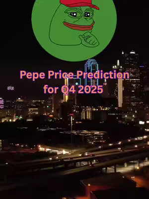 The cover image uses a night cityscape as the background, likely a modern urban area with high-rise buildings and illuminated streets, suggesting a business or financial theme. Overlaid on this is a stylized image of the Pepe the Frog meme, which could indicate a cryptocurrency theme, with a matching green circle. The text overlay, in a pinkish-purple hue, prominently displays "Pepe Price Prediction for Q4 2025."