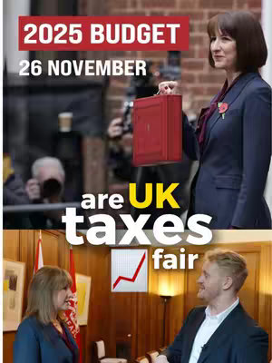 The cover image is a split-screen composition. The top half features Rachel Reeves, the Chancellor of the Exchequer, in a dark suit holding a red briefcase. Behind her are blurred figures, suggesting a public setting. The lower half shows a man and a woman in a studio setting. The woman is in a suit, discussing something about a rising graph with a line in the upper left part.