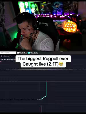 A man with a serious expression is shown in the foreground; a screen behind him shows a real-time graph of the memecoin value crashing downward. The text overlay indicates a rug pull, and the man is likely reacting to the event.