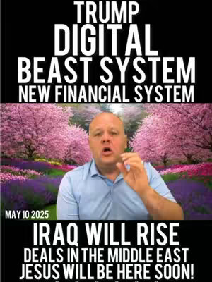 A man in a light blue button-down shirt is centered in the frame, gesturing with his right hand as if speaking. Behind him is a blurred background of pink-blossomed trees and other greenery. The image is overlaid with bold white text at the top and bottom and a timestamp.
