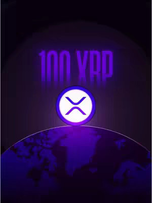 The cover image features a purple and black color scheme, spotlighting the XRP cryptocurrency logo against a backdrop of a stylized Earth and a bright purple gradient. The text '100 XRP' is rendered in a glowing purple font, implying a valuation or target.