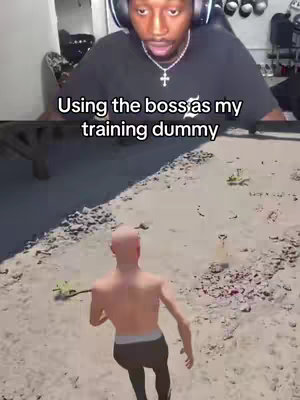 The image shows a split-screen composition. The top half features a person wearing a black shirt with a logo and headphones talking. The bottom half displays a video game scene with a bald character in the foreground on a beach setting.