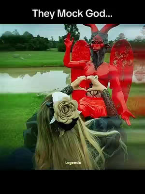 The image shows a woman with long blonde hair wearing a black headband with a large flower, making a heart shape with her hands in front of a large red statue. The statue appears to be a demonic figure with horns, red skin, and a beard. The background shows a field, trees, and a body of water.