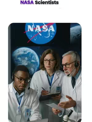 The image shows three people, presumably scientists, in a lab setting. The background includes a screen displaying the NASA logo and what appears to be an image of Earth and the cosmos. The scientists are wearing lab coats and headsets. The focus seems to be on them collaborating and analyzing data displayed on a laptop and a tablet. There is text overlayed saying " NASA Scientists".
