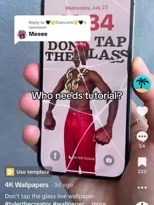 The image displays a smartphone with a cracked screen, showcasing a wallpaper of a person with a gold chain and red pants. Text overlays include 'Who needs tutorial?' and a 'DON T TAP THE GLASS' message.