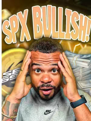 A man with a surprised expression on his face holds his hands to his head, with the text 'SPX BULLISH!' above him. Background elements include stacks of money and gold coins.