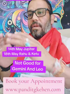 A man wearing glasses and a red scarf is speaking, with text overlays indicating astrological information. The background has a colorful, blurred design. The man's hands are gesturing, and there is a teal-colored ring on his finger. The text indicates dates, signs 'Gemini And Leo', and invites viewers to book an appointment.
