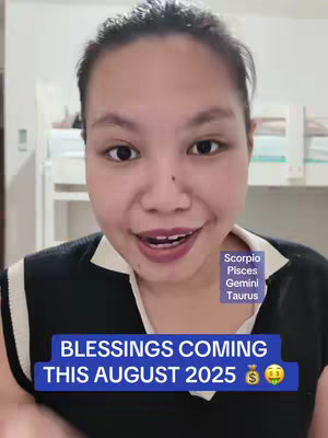 A woman is centered in the frame, smiling at the viewer. Above the bottom portion of her face there are two text boxes containing astrology signs and hook text.