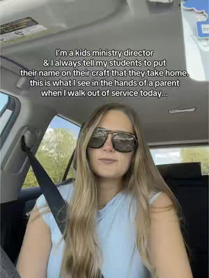 A woman with long blonde hair is sitting in the driver's seat of a car. She's wearing sunglasses and a light blue shirt. Text overlayed on the image describes her experience as a kids ministry director.