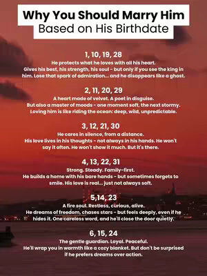A poster-like image with a gradient red and purple background, suggesting a sunset or twilight scene. Central is a white rectangular shape with the text "Why You Should Marry Him". Below are paragraphs of text that describe a man's attributes based on his birthdate and the last paragraph has an image of the water and a silhouette of a city.