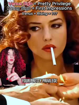 An image featuring two women. The primary background includes a glamorous woman holding a cigarette in her mouth with text overlayed on top of the image. In the foreground, a younger woman with red curly hair is superimposed, pointing with her finger. The background and the text are in a style associated with astrology.