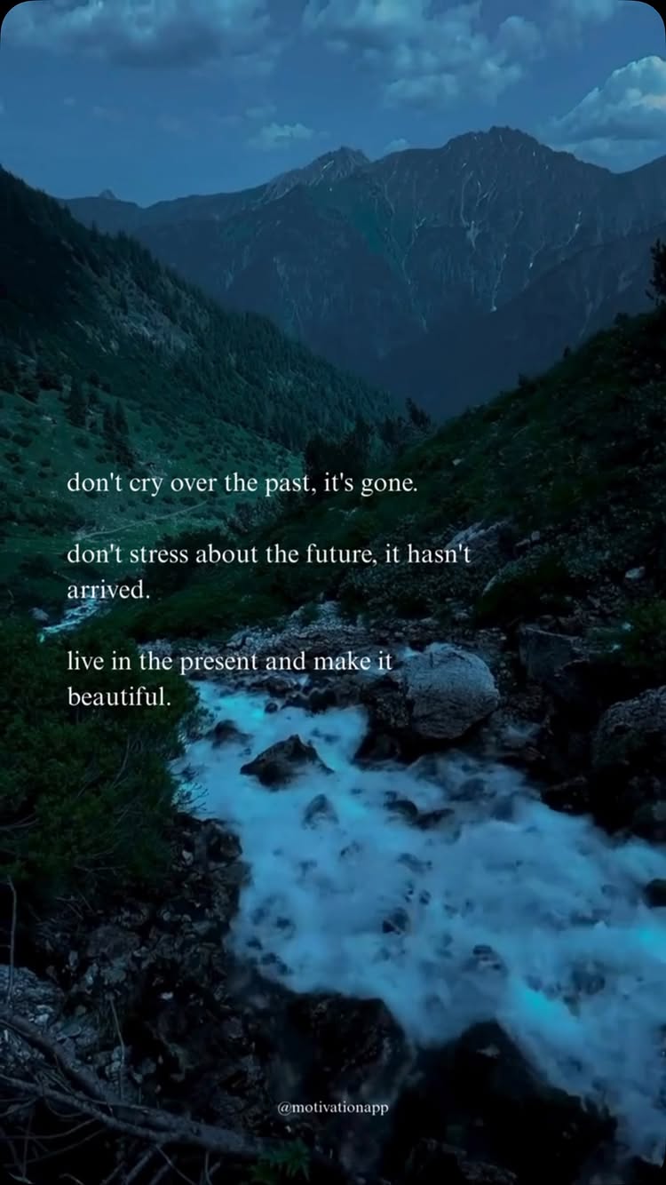 The image showcases a mountainous landscape with a flowing river in the foreground. The sky is a deep blue, suggesting either twilight or a cloudy day. Text overlays are used with white font and a quote on the image.