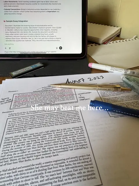 The image shows a desk with an open textbook, documents, and a tablet displaying text. There's a pen, pencil, and highlighter on the paper, and a sticky note that says 'August 2023'. A pen with text overlay 'She may beat me here...'.