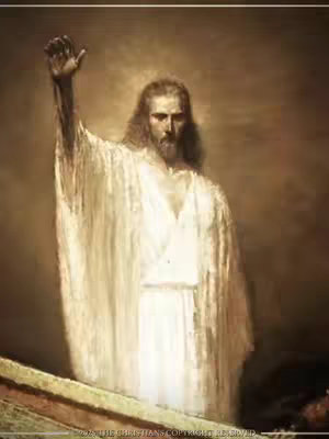 The image is a religious artwork depicting Jesus Christ ascending or appearing. He is a light-skinned man with long brown hair and a beard, wearing a white robe that drapes around him with soft folds. He extends his right arm with an open palm, as if blessing or greeting, suggesting a moment of spiritual significance. The background has a muted, sepia-toned gradient, creating a sense of depth. The light source seems to be behind Jesus, highlighting his figure and the edges of his clothing. The overall composition and colors contribute a reverent and classic artistic style.