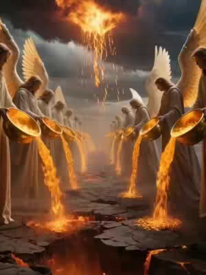 An artistic image depicts a celestial scene, likely representing a biblical event. Angels, clad in white robes with golden wings, line up, holding golden bowls from which streams of molten, fiery liquid pour down onto a dark, cracked chasm below. Above, a separate source of fire-like energy pours down from the sky, illuminating the dark, foreboding atmosphere. The color palette consists of warm oranges, golds, and reds from the fire, contrasted with the whites of the angels and the dark, stormy sky.