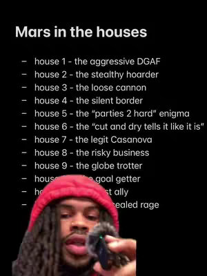 The cover image is a selfie-style shot with the creator in the bottom portion, holding a microphone. Above the creator, on a black background, is a list titled 'Mars in the Houses'.  The text in the list details the significance of Mars in each of the 12 astrological houses. The text is in white, with a slight left alignment and in a simple san-serif font. The creator has a red hoodie and dark hair.