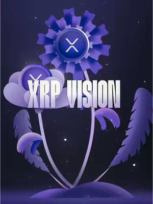 An artistic rendering features a floral illustration in shades of purple and blue against a dark blue background. The artwork prominently displays two disc-shaped emblems with the XRP symbol at the center of the frame. The main text states "XRP VISION" with a clear, bold font. The artwork gives a digital, futuristic feel to the video.