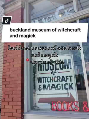 The cover image shows a storefront with a brick facade and large glass windows. A sign in the window reads "MUSEUM of WITCHCRAFT & MAGICK." The added text overlay says, "buckland museum of witchcraft and magick".