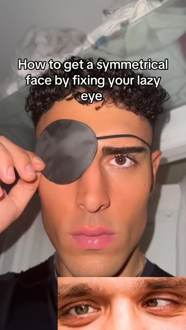 The cover image shows a close-up of a young man's face. He is holding a black eye patch over his left eye. His right eye is open and focused. The background is softly blurred and the bottom of the image displays a smaller image of misaligned eyes.