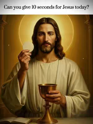 The image depicts Jesus Christ, holding a wafer in one hand and a chalice in the other. He is wearing a white and gold robe, with a golden halo around his head. The background is a warm, golden color, and there is an open book visible in the foreground.