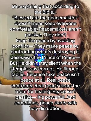 The cover image shows a woman with curly blonde hair and glasses in front of a blurred background. Text is overlaid on the image explaining what peacemaking means. It focuses on confronting issues and finding real peace.
