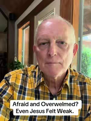A head-and-shoulders shot featuring a middle-aged man with light skin, gray hair, and a slightly somber expression. He wears a plaid shirt in yellow and black. The background is a blurred blend of indoor elements, including a window and decorative trim. Text overlayed at the bottom of the image reads, 'Afraid and Overwhelmed? Even Jesus Felt Weak.'