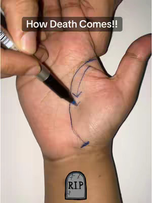 The image shows a close-up of someone's palm, with the lines of the hand marked by a blue line. A hand is drawing with a black marker. The text overlay says 'How Death Comes!!' and there is a tombstone with 'R.I.P' drawn on the bottom left of the wrist. The background is plain white.