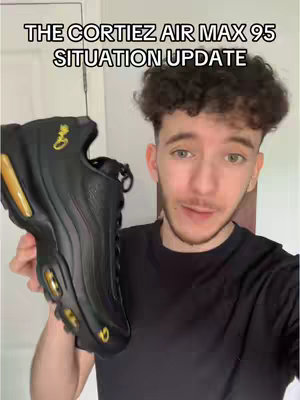 A young man with curly hair is holding a black and gold sneaker while looking at the camera. The overlay text provides a title for the content.