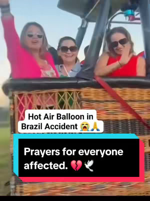 The cover image shows three women in a hot air balloon basket, looking towards the camera. Text overlays at the bottom provide context about the Brazil accident. The scene is set in daylight, with green fields visible in the background. The women are wearing sunglasses.