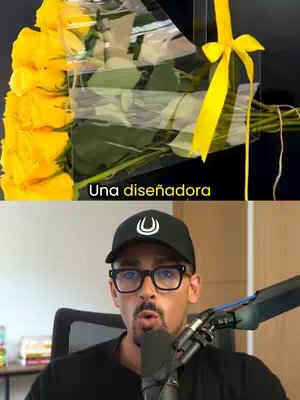 The cover image is split in half. The upper half has a bouquet of yellow roses in clear packaging, tied with a yellow ribbon. Below, a man with glasses, a black cap with a logo, and a microphone is in a close-up shot, likely talking.
