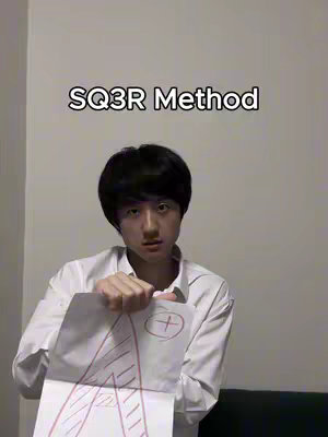 A young Asian man in a white shirt stands in front of a plain wall, holding up a drawing with lines and a plus sign, while looking toward the camera. The text overlay on top says, "SQ3R Method."