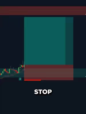 A screenshot of a trading chart with a highlighted supply and demand zone. The chart's background is dark, with red and green candlestick formations indicating price movements. A rectangular teal block is positioned over the chart. A white text overlay 'STOP' is placed near the bottom of the image.