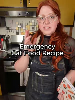 A woman with auburn hair and glasses gestures towards the viewer while standing in a kitchen setting. Text overlayed says 'Emergency Cat Food Recipe'. Behind her is a stove and a cabinet, partially visible.