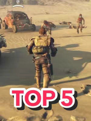 A screenshot from a video game set in a desert environment. In the foreground, a character in post-apocalyptic attire with a backpack walks away from the camera. In the background are vehicles and other figures seemingly engaged in combat. Overlayed on the image is the text 'TOP 5' in a bold, white font with a red outline.
