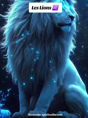 A digitally rendered image features a majestic white lion in a soft, ethereal setting. The lion is positioned in the foreground, angled slightly to the side, and is the central focus. It has a flowing white mane and body, and the fur appears soft and detailed. The lion's expression is serene, with a slight, discernible brow. The background is dark, with a subtle gradient of blues and purples, suggesting a night sky or deep ambiance, enhanced with numerous small, glowing blue particles that give the scene a mystical glow.