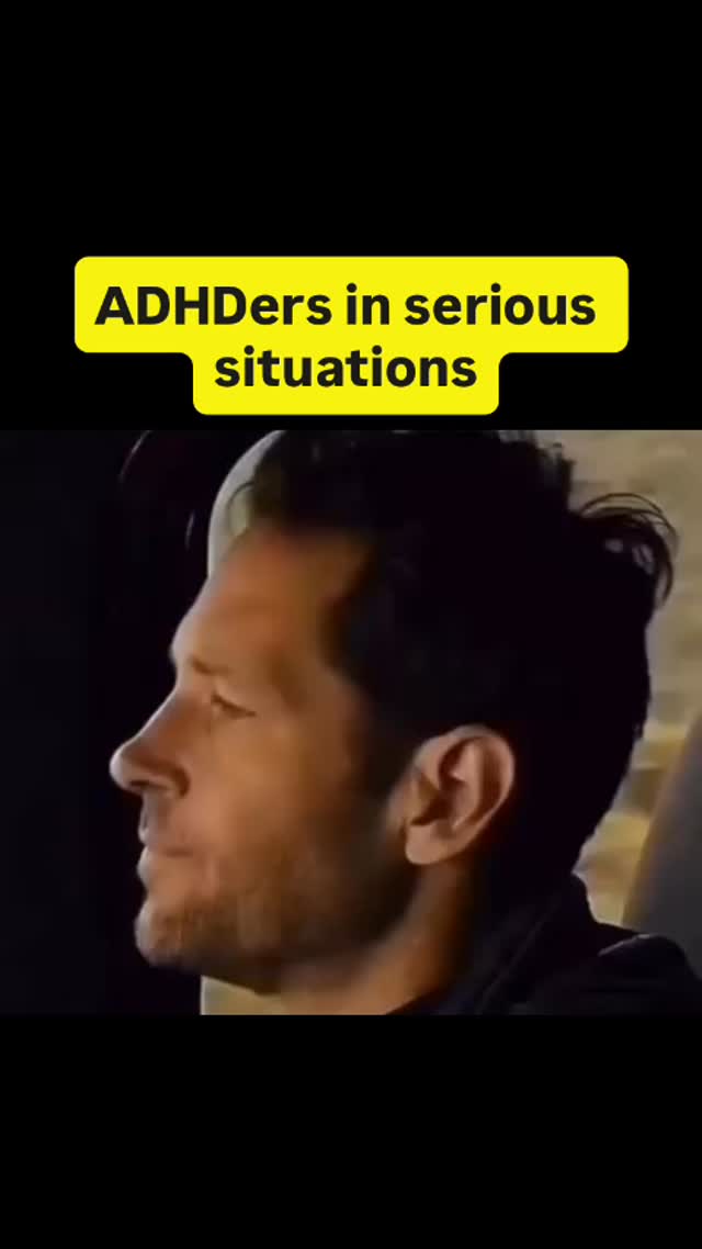 The cover image features a man in profile, likely indoors. He has short, dark hair, and the lighting suggests a possibly tense or dramatic scene. The background is dark, and the focus is on the man's facial expression, emphasizing his profile. Adding a yellow text box overlay with the text 'ADHDers in serious situations'.