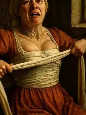 A woman with a pale complexion is in a state of distress, her face contorted in a grimace with open mouth and furrowed brows. She wears a red dress with a white bodice, and is pulling the fabric of her bodice away from her chest. The background is a dark, blurred room, which accentuates the focus on her. The composition, with its tight framing and color palette, generates a sense of drama and intensity.