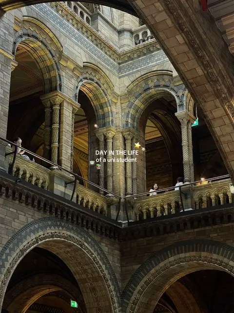The cover image showcases the interior of a grand building, possibly a museum or historical site, with intricate architecture. The scene is dominated by arches, columns, and detailed brickwork. People can be seen on the balconies. The lighting appears to be natural, with shadows and highlights adding depth to the image. A text overlay 'DAY IN THE LIFE of a uni student' is in the image.