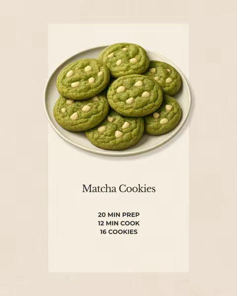 The image shows a plate of matcha cookies on a white surface against a light beige background. The cookies are round, with a light green color, and white chocolate chips are scattered across their surface. The plate is positioned slightly off-center. Below the plate is a white rectangle containing text in a classic font.