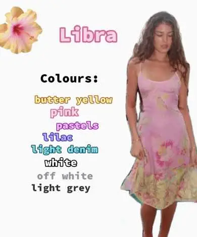 A graphic with a woman in a pink dress on the right side, a floating flower towards the upper left, and text about Libra and its colors in the center.