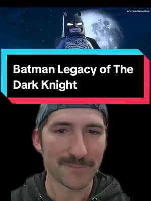 The cover image is a split screen. The top portion features a scene from a Lego Batman animation with the character looking stoic. Below is the creator, a man with a mustache, wearing a cap and a dark hoodie, positioned to interact with the Lego Batman footage.