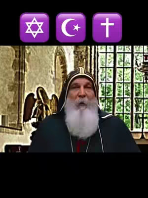 A video cover featuring a man with a large white beard and religious attire, speaking within a church setting. Above him are three icons: a Star of David, a crescent moon with a star, and a Christian cross, each set in a purple square. The background is a blur of ecclesiastical architecture.