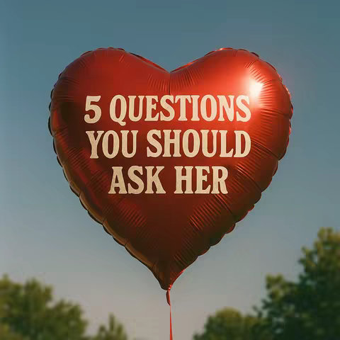 A red heart-shaped balloon floats against a backdrop of a clear blue sky and softly blurred green trees at the bottom. The balloon has the text "5 QUESTIONS YOU SHOULD ASK HER" in white, bold font.