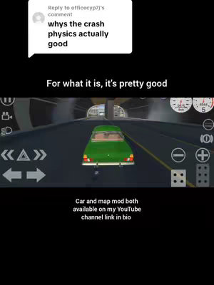 The cover image displays a mobile game interface. A green car is seen driving down a tunnel-like road. The game's heads-up display includes speed and other controls. Text overlays include a user comment and the creator's response, as well as text about the game's availability and a YouTube CTA.