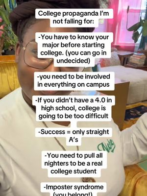 The cover image features a person with large, square glasses in the foreground, framed from the chest up. They're wearing a white t-shirt. The background is slightly blurred, but appears to be a living room setting with plants and furniture. Overlayed on the image are formatted text boxes containing college-related advice, statements, and 'propaganda points'. The overall color scheme is fairly natural with the woman's skin tone being a prominent color, with hints of pink and green and shades of yellow and brown.