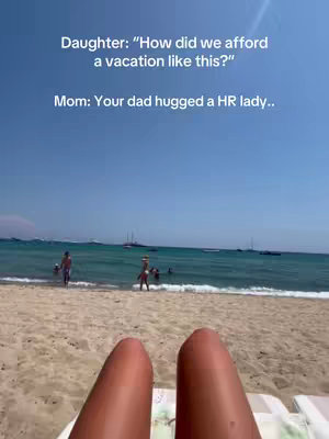 The cover image showcases a beach scene with turquoise water and white sand. In the foreground are the legs of someone lying down, focusing the viewer's attention. In the background, people are seen enjoying the beach and ocean. Text overlays the image, posing a question and providing a humorous answer, setting the stage for a potentially comedic tone.